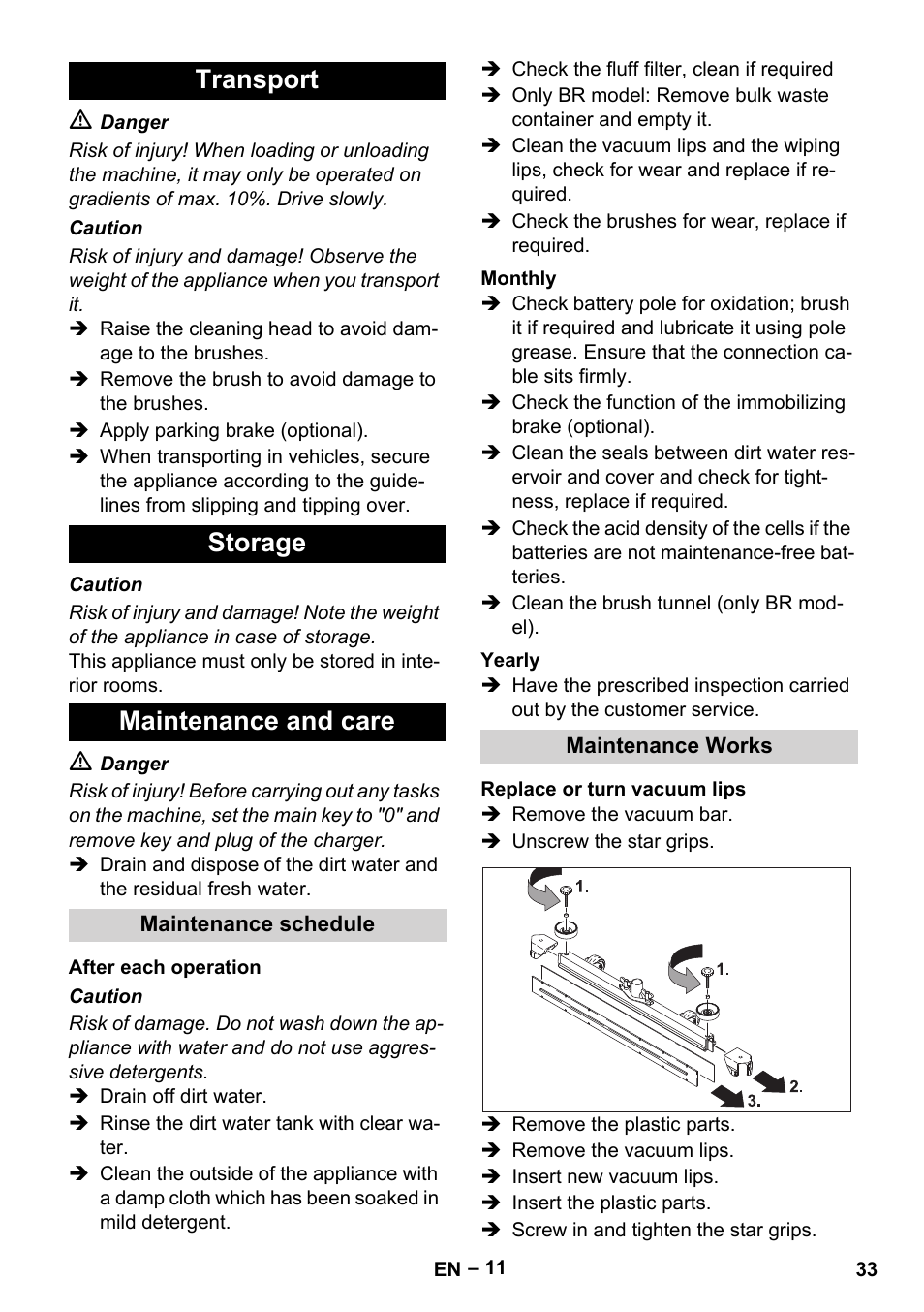 Transport storage maintenance and care | Karcher B 60 W Bp Pack User Manual | Page 33 / 550