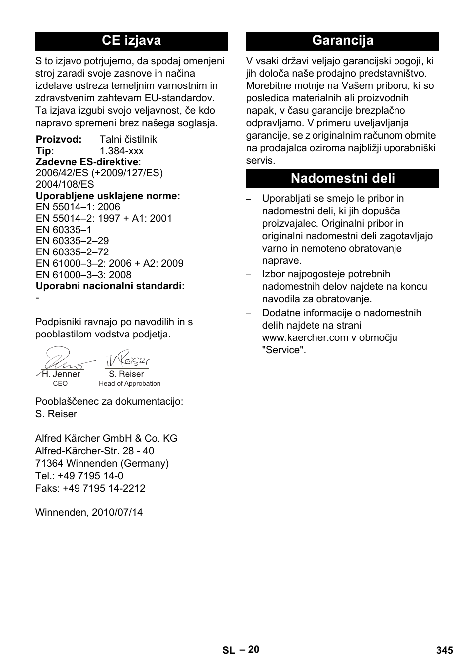 Ce izjava, Garancija nadomestni deli | Karcher B 60 W Bp Pack User Manual | Page 345 / 550