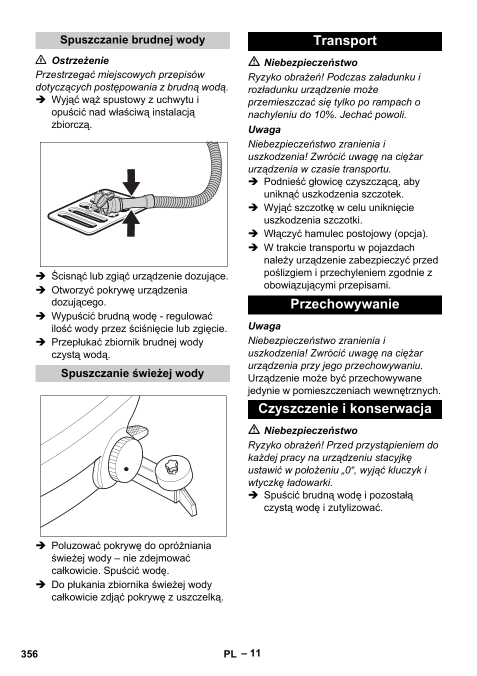 Transport przechowywanie czyszczenie i konserwacja | Karcher B 60 W Bp Pack User Manual | Page 356 / 550