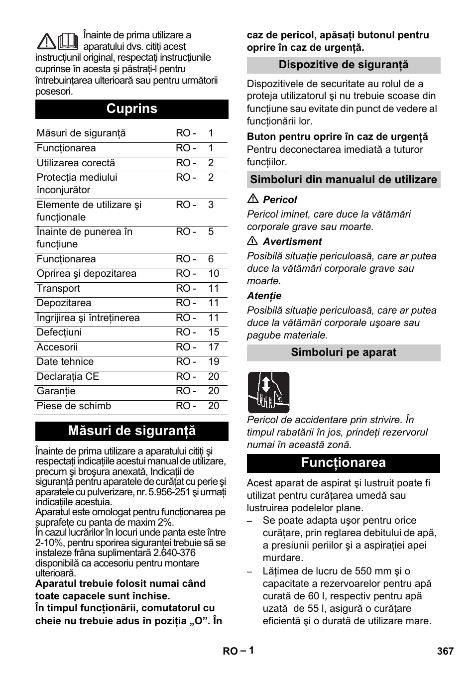 Româneşte, Românete, Cuprins | Măsuri de siguranţă, Funcţionarea | Karcher B 60 W Bp Pack User Manual | Page 367 / 550