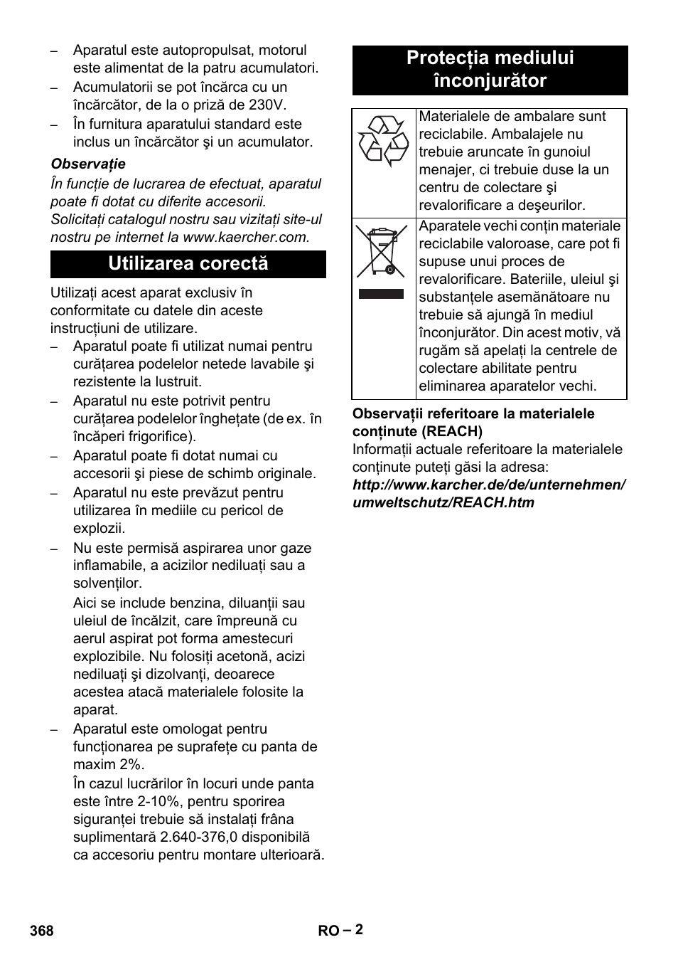 Utilizarea corectă protecţia mediului înconjurător | Karcher B 60 W Bp Pack User Manual | Page 368 / 550