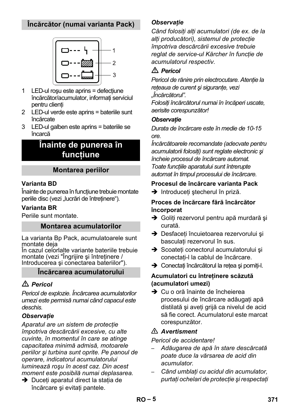 Înainte de punerea în funcţiune | Karcher B 60 W Bp Pack User Manual | Page 371 / 550