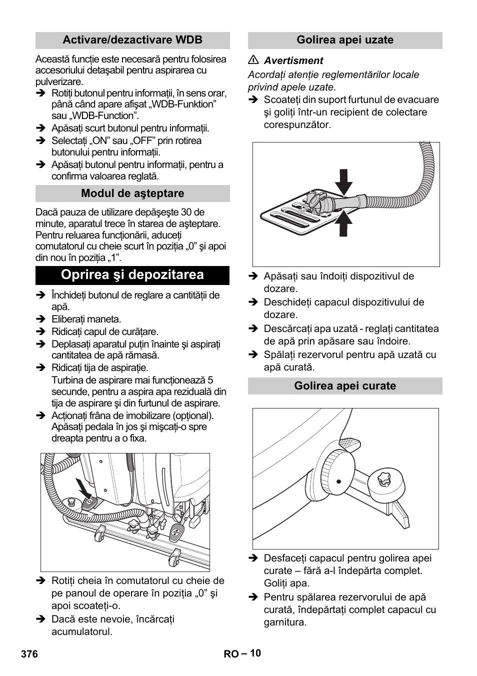 Oprirea şi depozitarea | Karcher B 60 W Bp Pack User Manual | Page 376 / 550