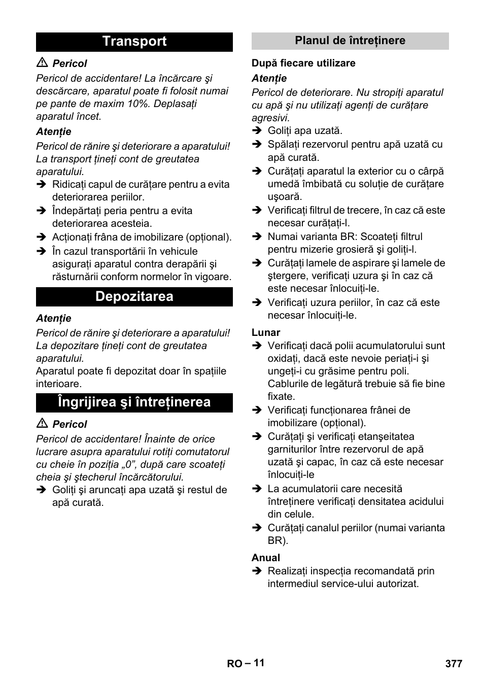 Transport depozitarea îngrijirea şi întreţinerea | Karcher B 60 W Bp Pack User Manual | Page 377 / 550
