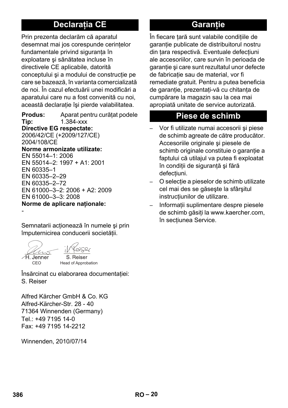 Declaraţia ce, Garanţie piese de schimb | Karcher B 60 W Bp Pack User Manual | Page 386 / 550