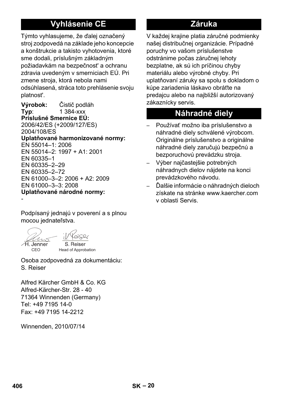 Vyhlásenie ce, Záruka náhradné diely | Karcher B 60 W Bp Pack User Manual | Page 406 / 550