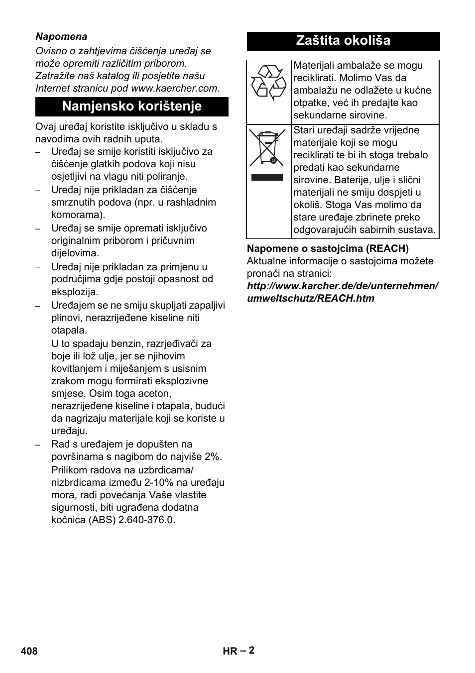 Namjensko korištenje zaštita okoliša | Karcher B 60 W Bp Pack User Manual | Page 408 / 550