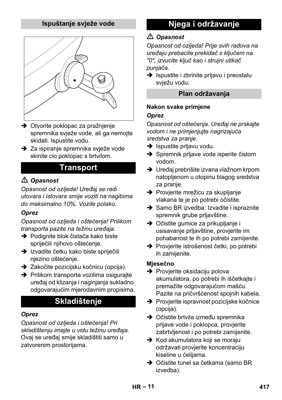 Transport skladištenje njega i održavanje | Karcher B 60 W Bp Pack User Manual | Page 417 / 550