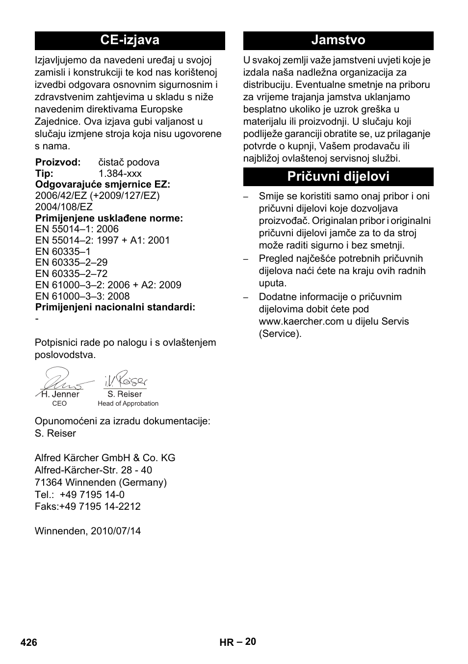 Ce-izjava, Jamstvo pričuvni dijelovi | Karcher B 60 W Bp Pack User Manual | Page 426 / 550