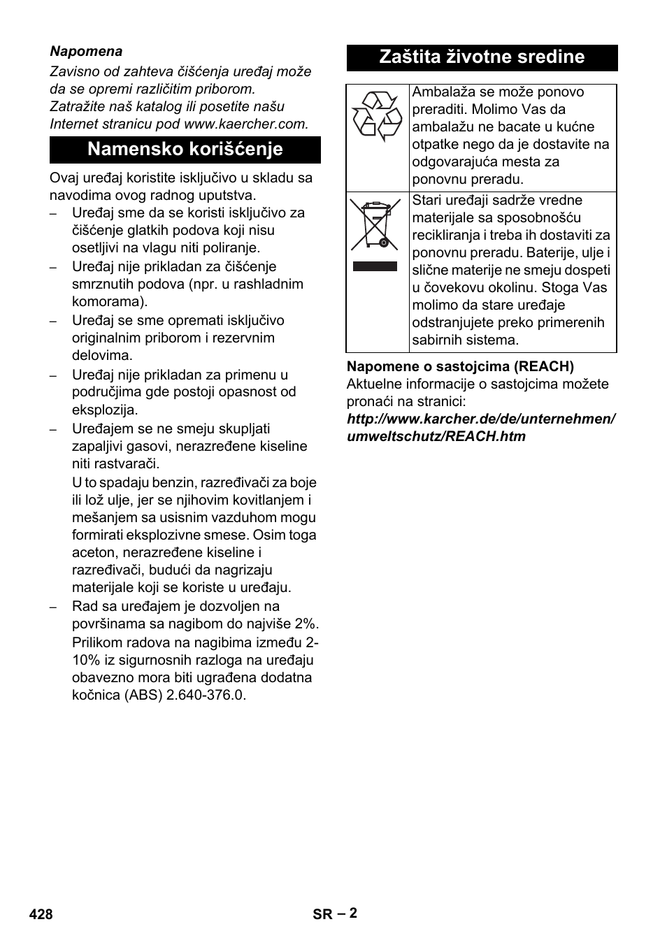 Namensko korišćenje zaštita životne sredine | Karcher B 60 W Bp Pack User Manual | Page 428 / 550