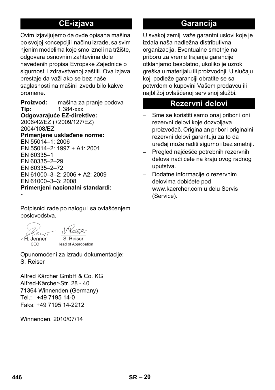 Ce-izjava, Garancija rezervni delovi | Karcher B 60 W Bp Pack User Manual | Page 446 / 550