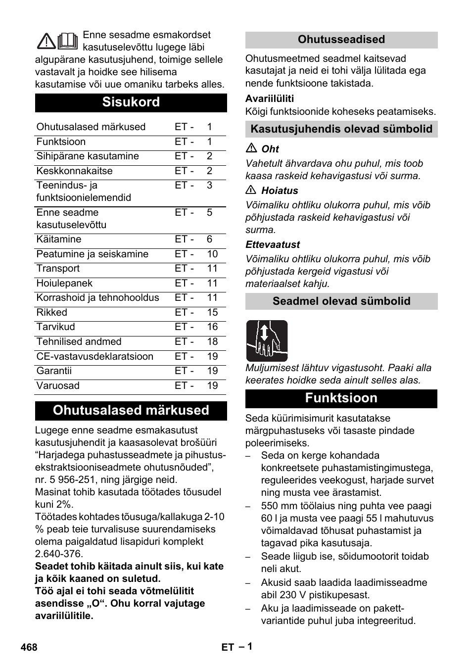 Eesti, Sisukord, Ohutusalased märkused | Funktsioon | Karcher B 60 W Bp Pack User Manual | Page 468 / 550