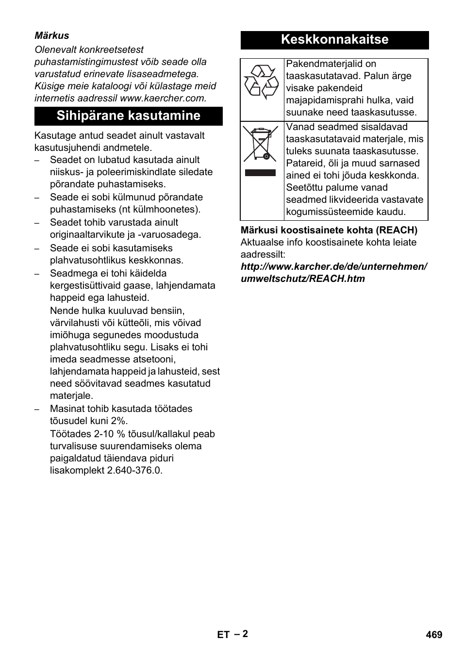 Sihipärane kasutamine keskkonnakaitse | Karcher B 60 W Bp Pack User Manual | Page 469 / 550