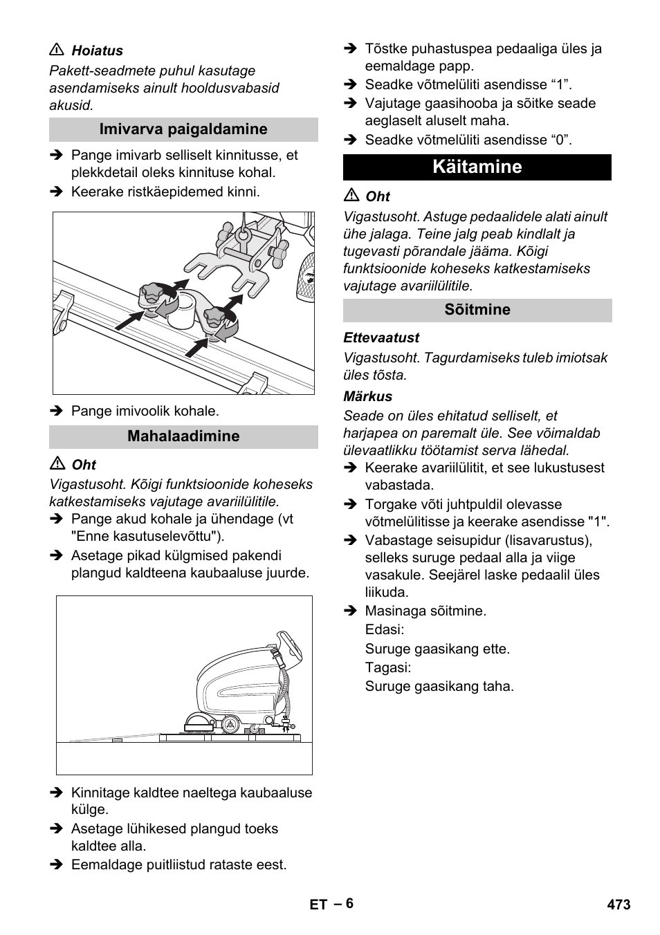Käitamine | Karcher B 60 W Bp Pack User Manual | Page 473 / 550