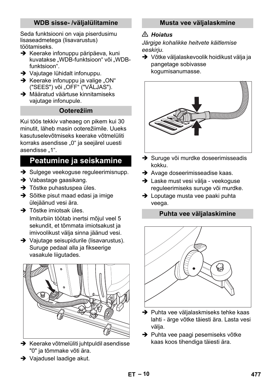 Peatumine ja seiskamine | Karcher B 60 W Bp Pack User Manual | Page 477 / 550