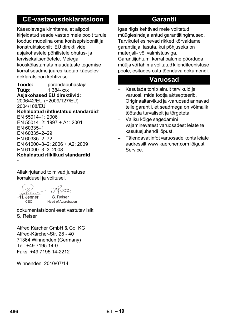 Ce-vastavusdeklaratsioon, Garantii varuosad | Karcher B 60 W Bp Pack User Manual | Page 486 / 550