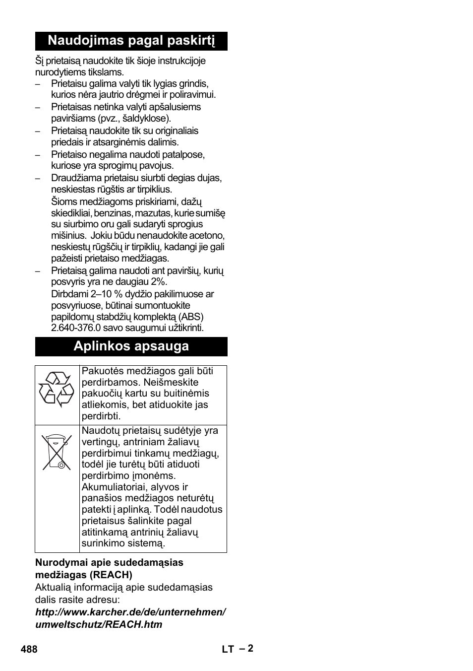 Naudojimas pagal paskirtį aplinkos apsauga | Karcher B 60 W Bp Pack User Manual | Page 488 / 550