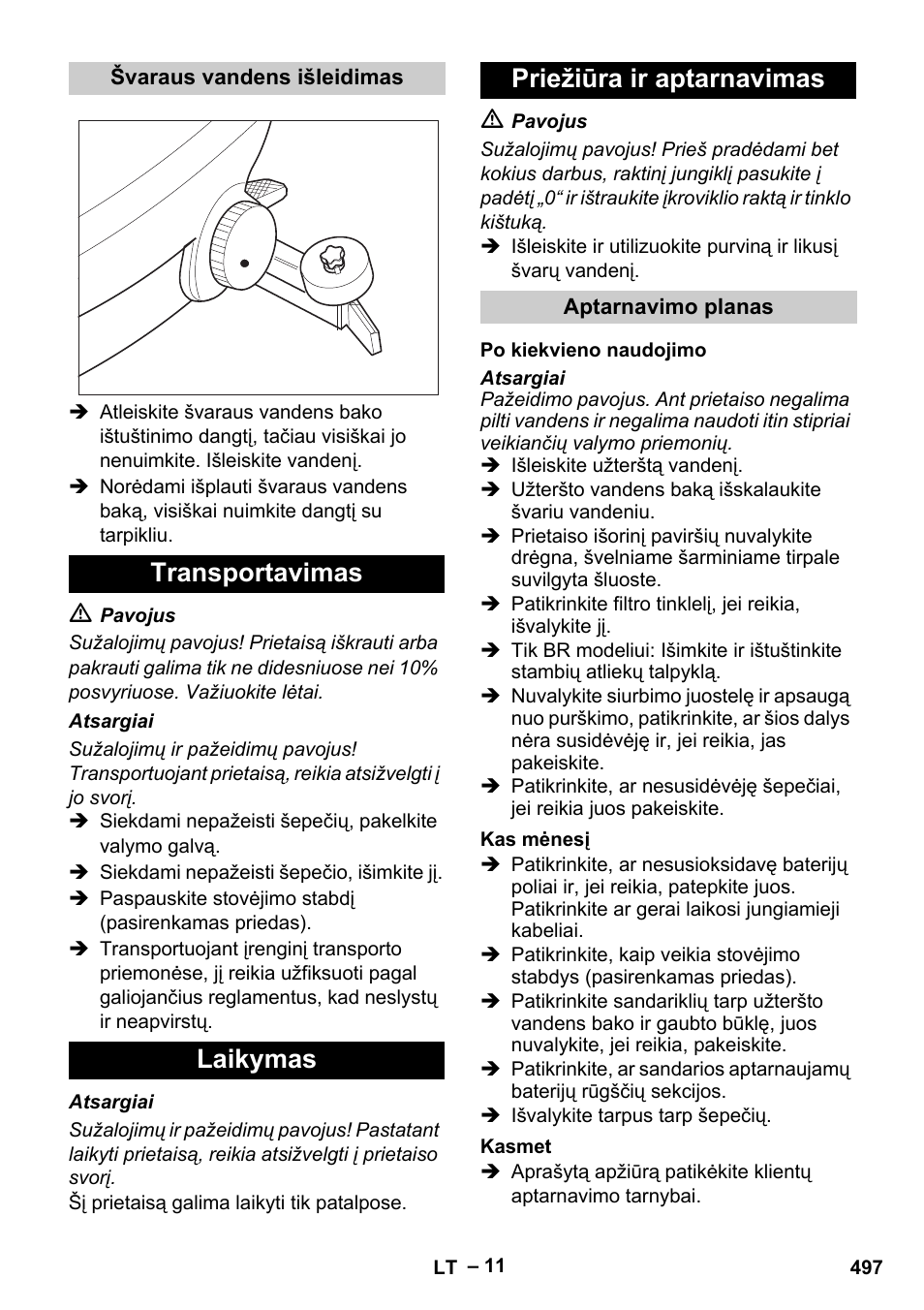 Transportavimas laikymas priežiūra ir aptarnavimas | Karcher B 60 W Bp Pack User Manual | Page 497 / 550