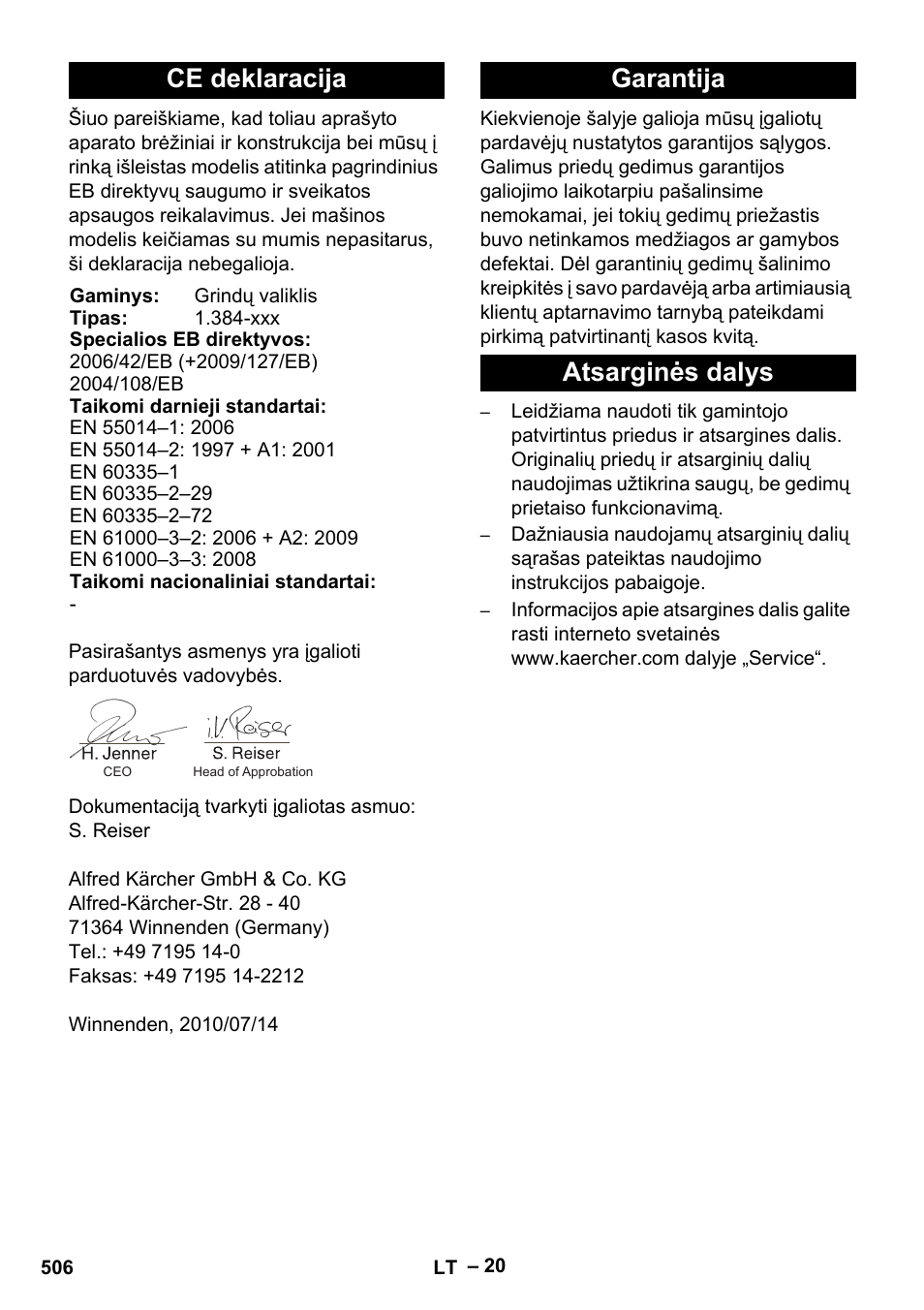 Ce deklaracija, Garantija atsarginės dalys | Karcher B 60 W Bp Pack User Manual | Page 506 / 550