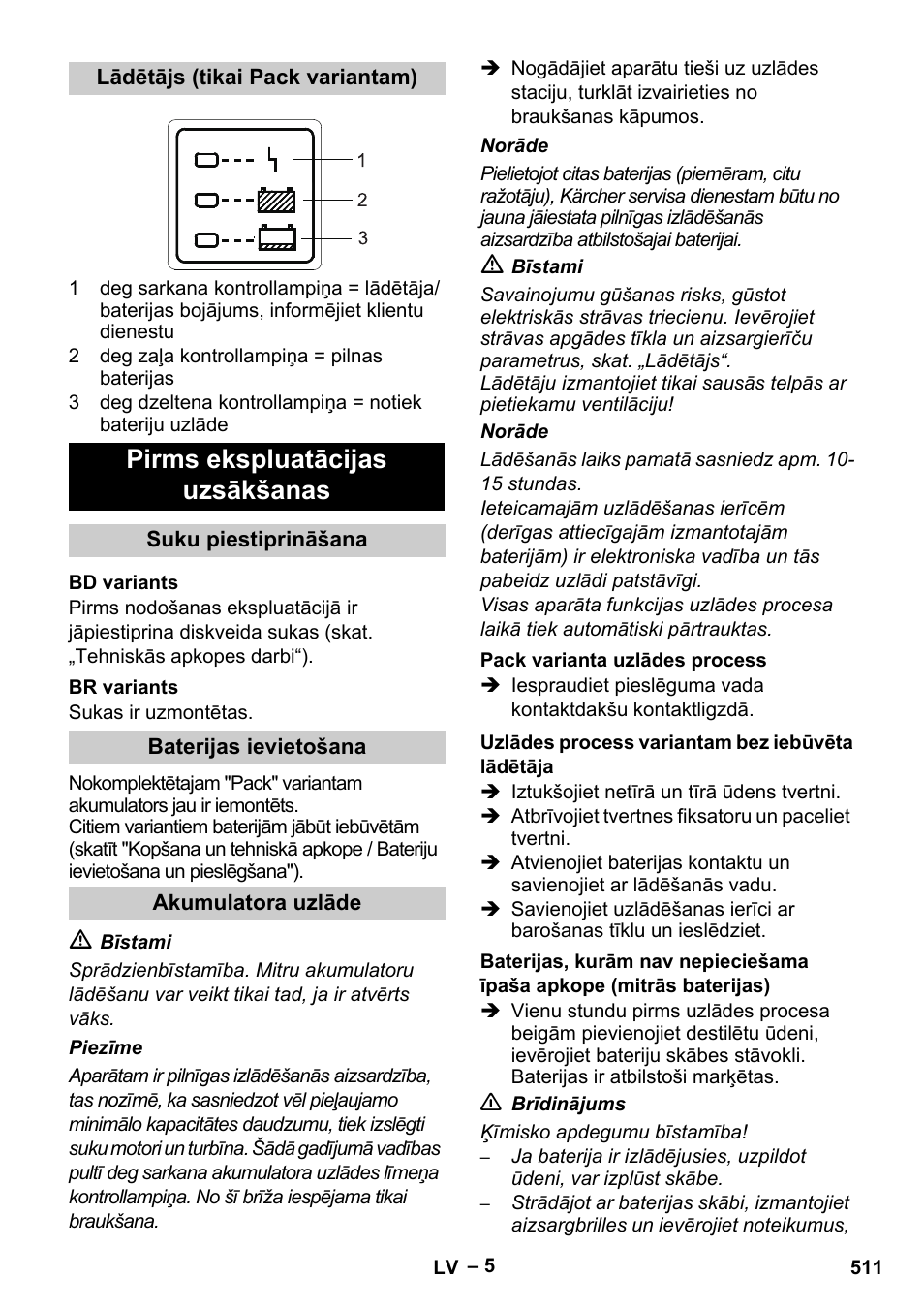 Pirms ekspluatācijas uzsākšanas | Karcher B 60 W Bp Pack User Manual | Page 511 / 550