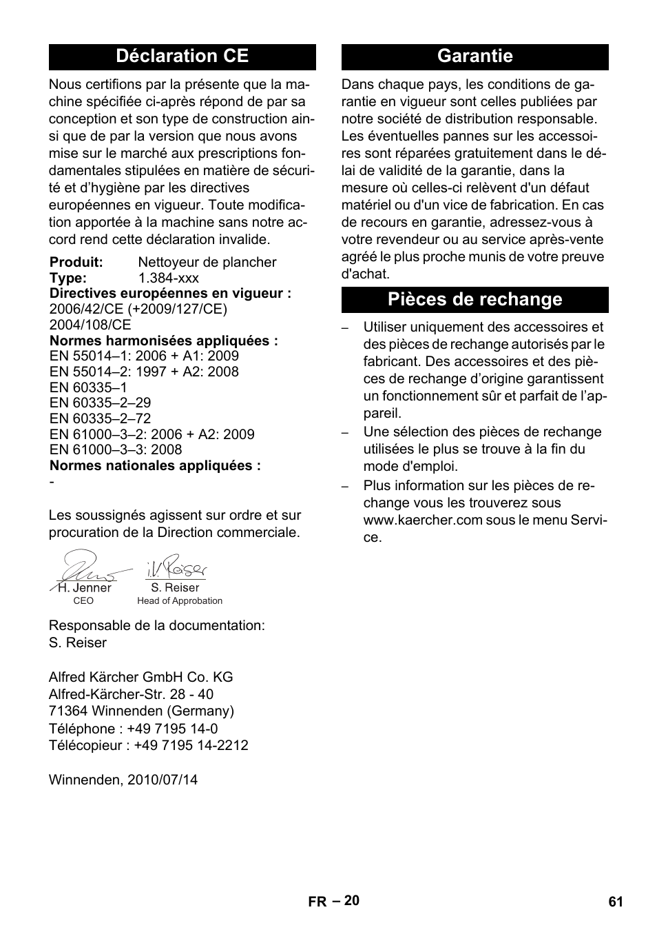 Déclaration ce, Garantie pièces de rechange | Karcher B 60 W Bp Pack User Manual | Page 61 / 550