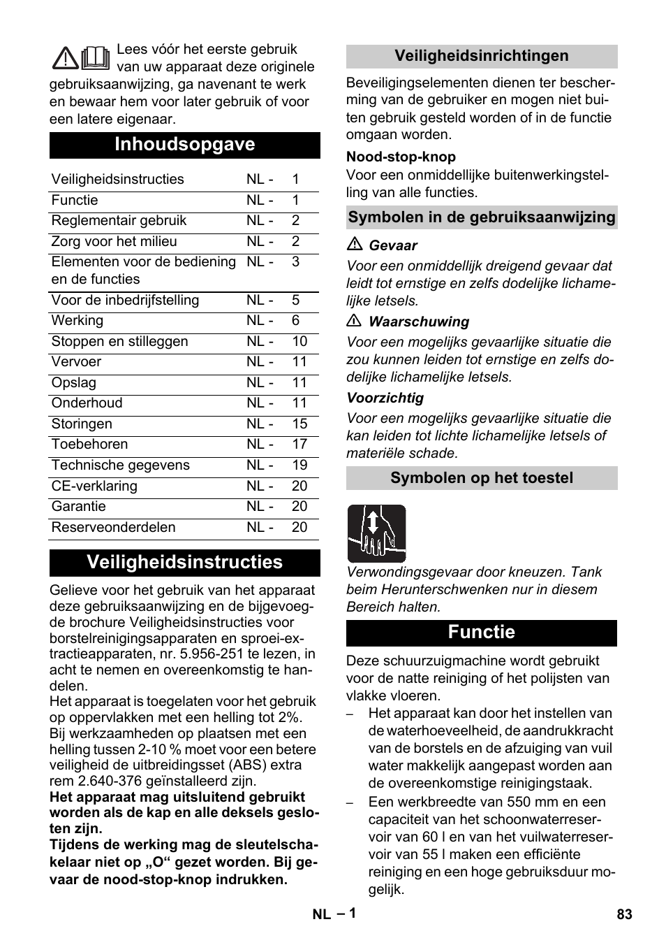 Nederlands, Inhoudsopgave, Veiligheidsinstructies | Functie | Karcher B 60 W Bp Pack User Manual | Page 83 / 550