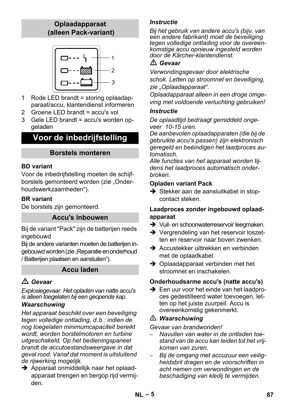 Voor de inbedrijfstelling | Karcher B 60 W Bp Pack User Manual | Page 87 / 550