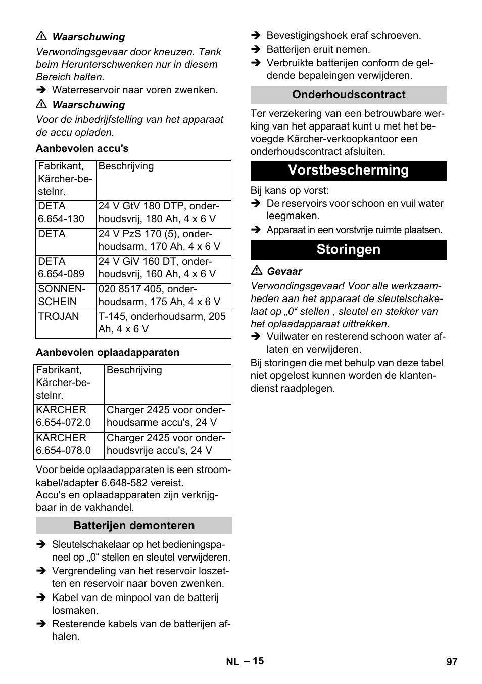 Vorstbescherming storingen | Karcher B 60 W Bp Pack User Manual | Page 97 / 550