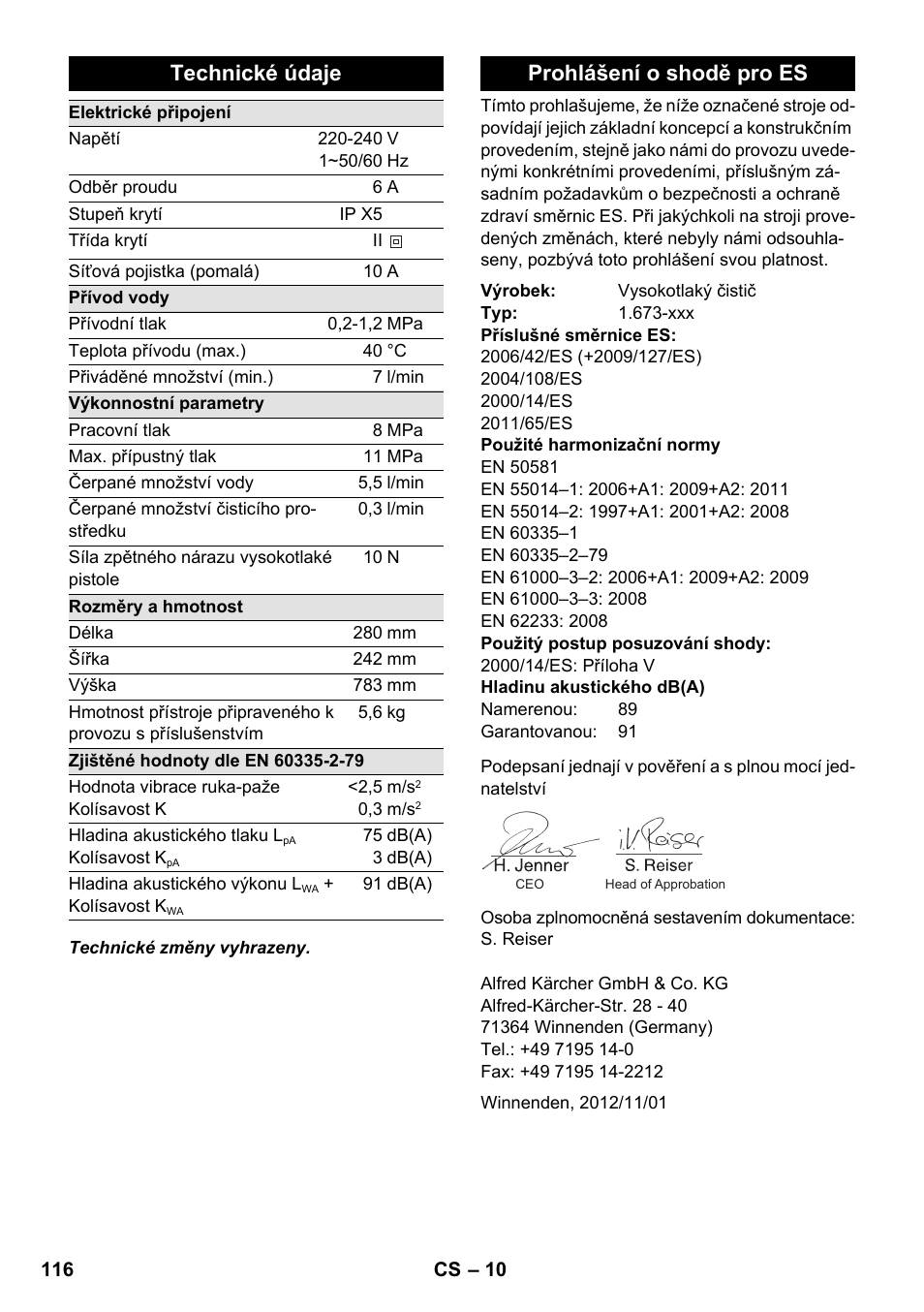 Technické údaje, Prohlášení o shodě pro es | Karcher K 2 Car User Manual | Page 116 / 196