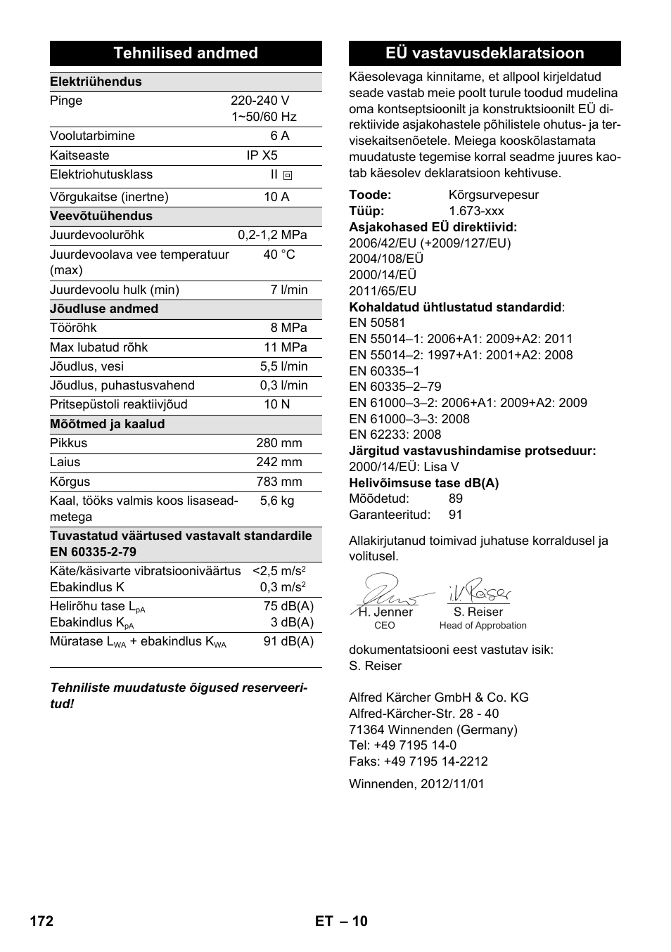 Tehnilised andmed, Eü vastavusdeklaratsioon | Karcher K 2 Car User Manual | Page 172 / 196