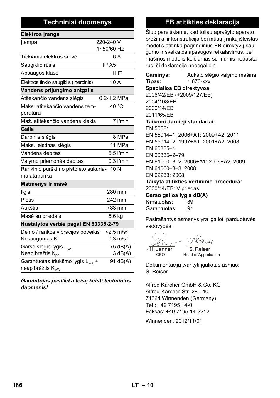 Techniniai duomenys, Eb atitikties deklaracija | Karcher K 2 Car User Manual | Page 186 / 196