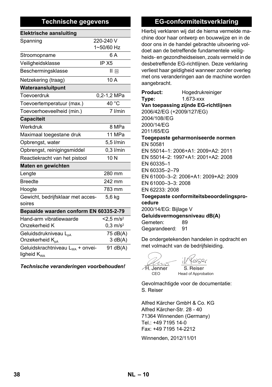 Technische gegevens, Eg-conformiteitsverklaring | Karcher K 2 Car User Manual | Page 38 / 196