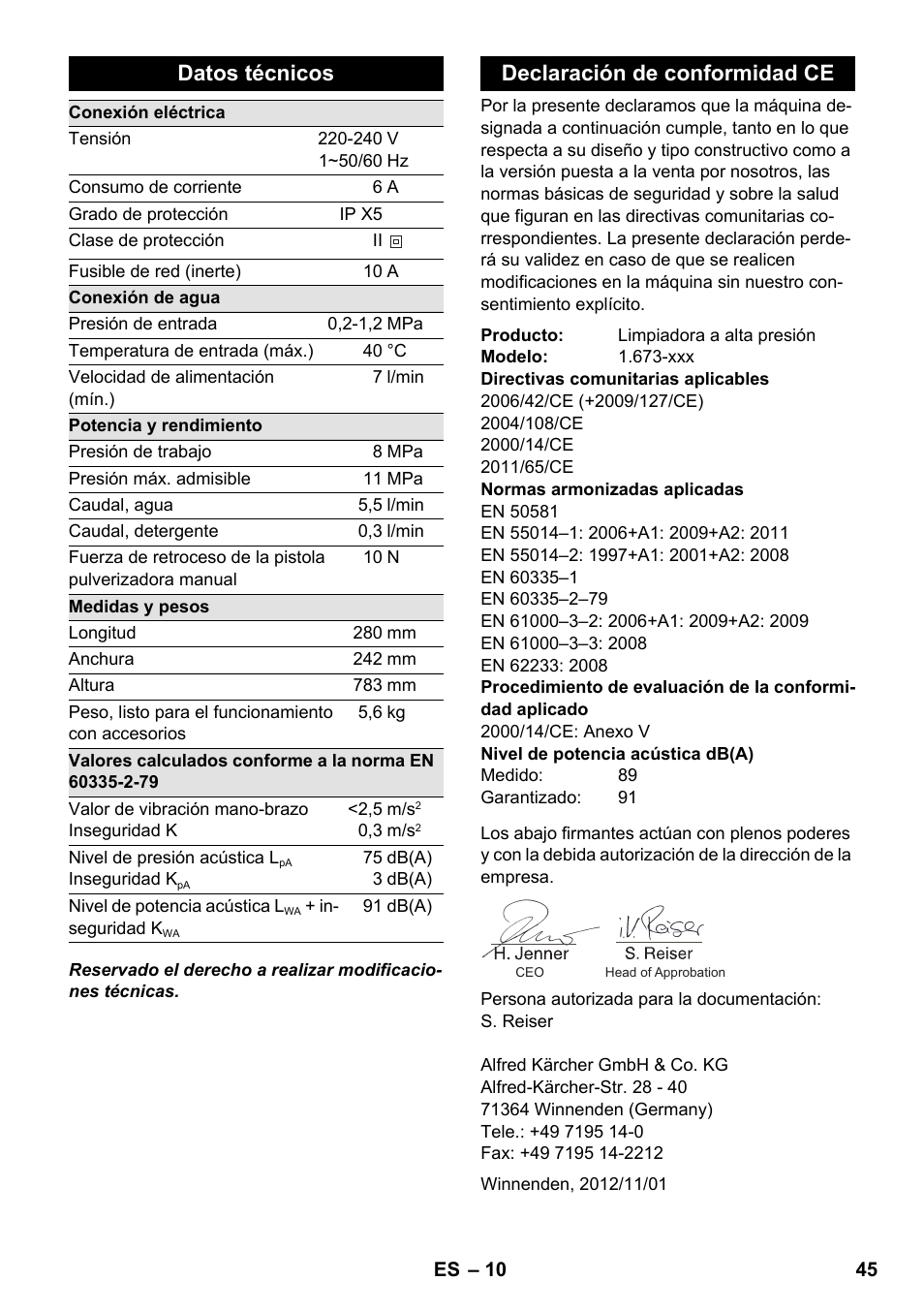 Datos técnicos, Declaración de conformidad ce | Karcher K 2 Car User Manual | Page 45 / 196