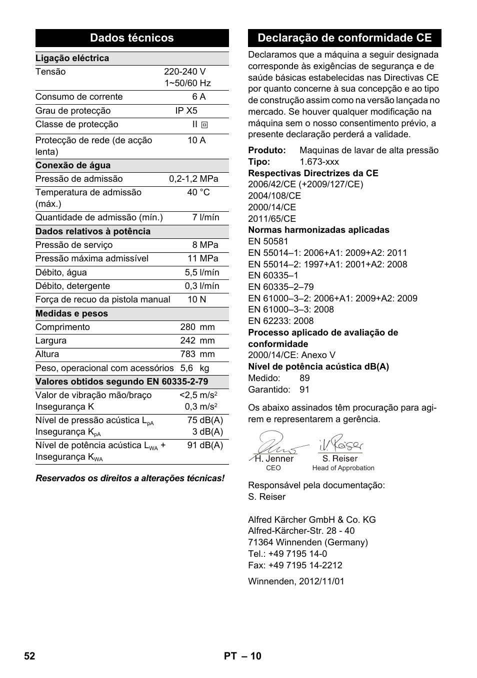 Dados técnicos, Declaração de conformidade ce | Karcher K 2 Car User Manual | Page 52 / 196