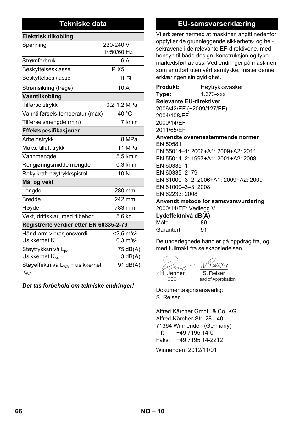 Tekniske data, Eu-samsvarserklæring | Karcher K 2 Car User Manual | Page 66 / 196