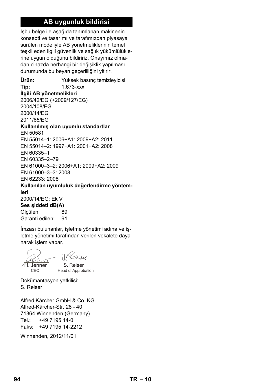 Ab uygunluk bildirisi | Karcher K 2 Car User Manual | Page 94 / 196