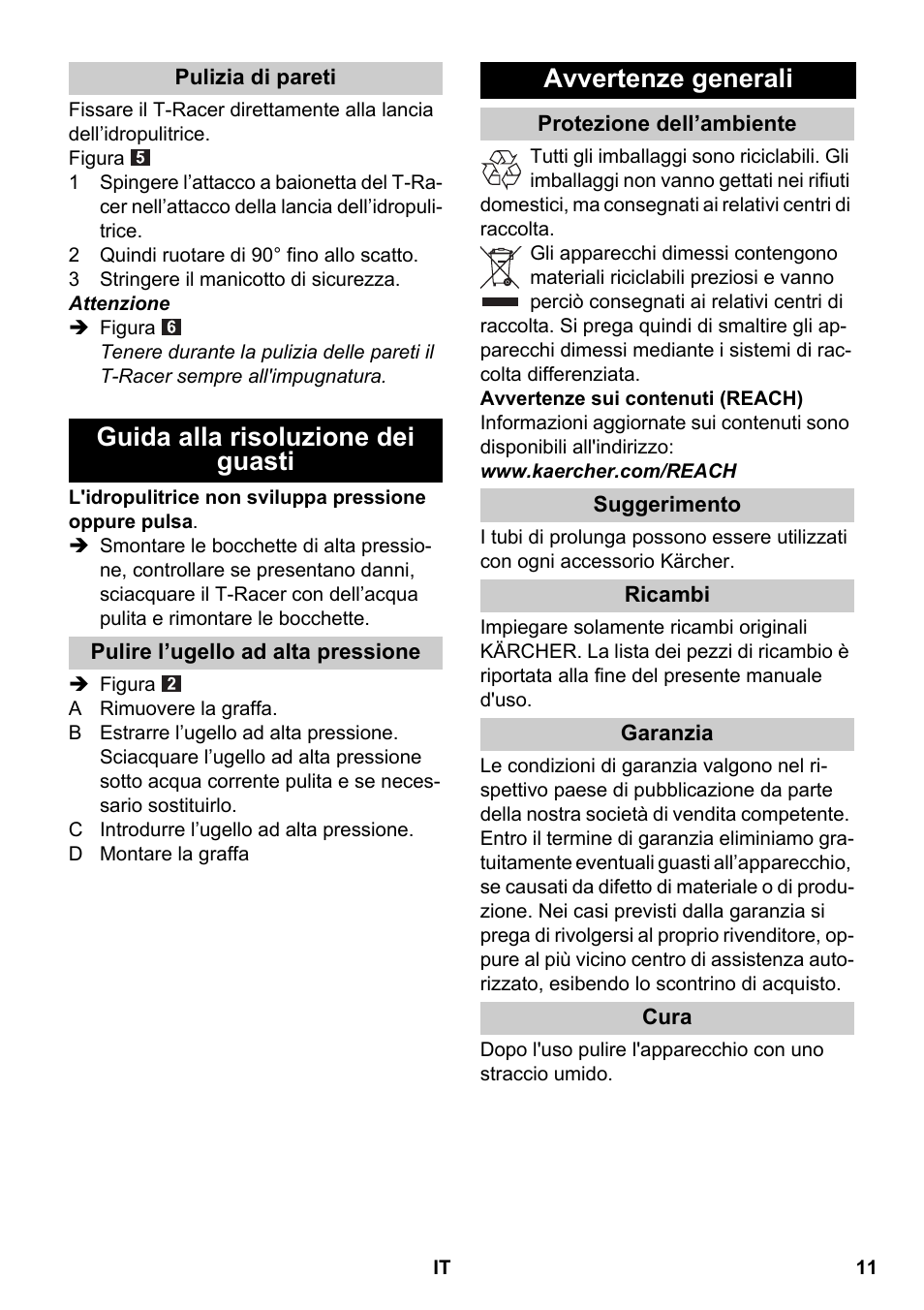 Pulizia di pareti, Guida alla risoluzione dei guasti, Pulire l’ugello ad alta pressione | Avvertenze generali, Protezione dell’ambiente, Suggerimento, Ricambi, Garanzia, Cura | Karcher K 4 Premium eco!ogic Home User Manual | Page 11 / 64