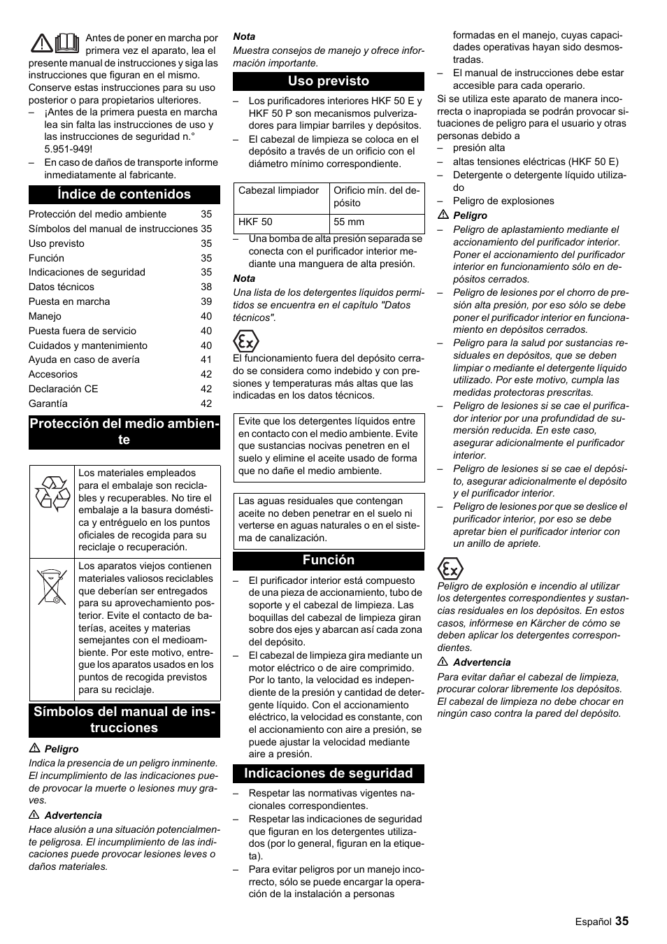 Función indicaciones de seguridad | Karcher HKF 50 E User Manual | Page 35 / 60