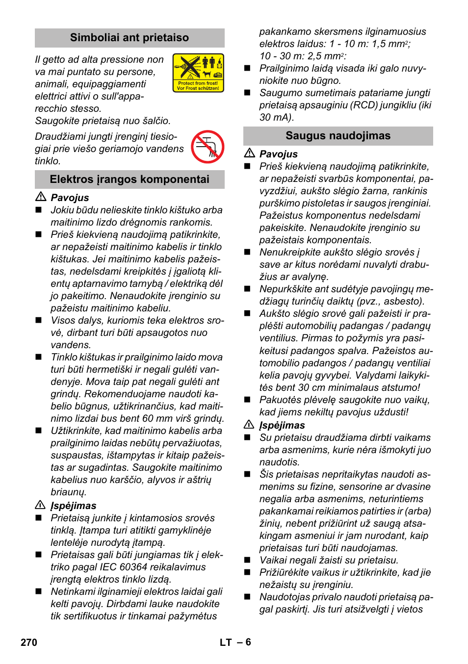 Simboliai ant prietaiso, Elektros įrangos komponentai, Saugus naudojimas | Karcher K 5 Premium eco!ogic Home User Manual | Page 270 / 292