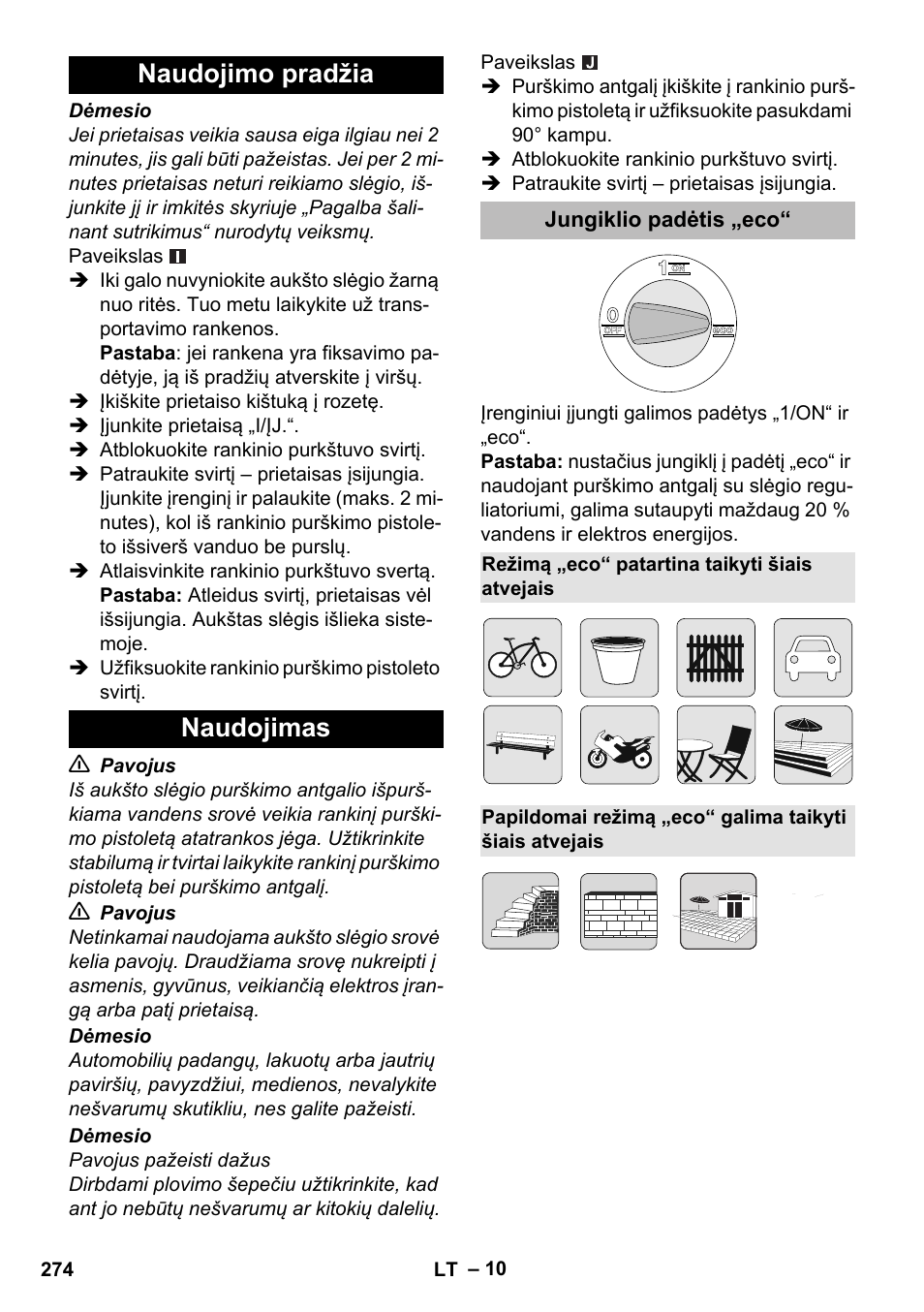 Naudojimo pradžia, Naudojimas, Jungiklio padėtis „eco | Režimą „eco“ patartina taikyti šiais atvejais, Naudojimo pradžia naudojimas | Karcher K 5 Premium eco!ogic Home User Manual | Page 274 / 292