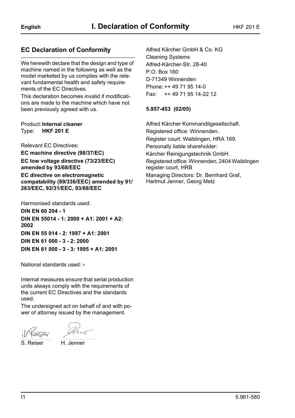 I. declaration of conformity | Karcher HKF 201 E User Manual | Page 40 / 160