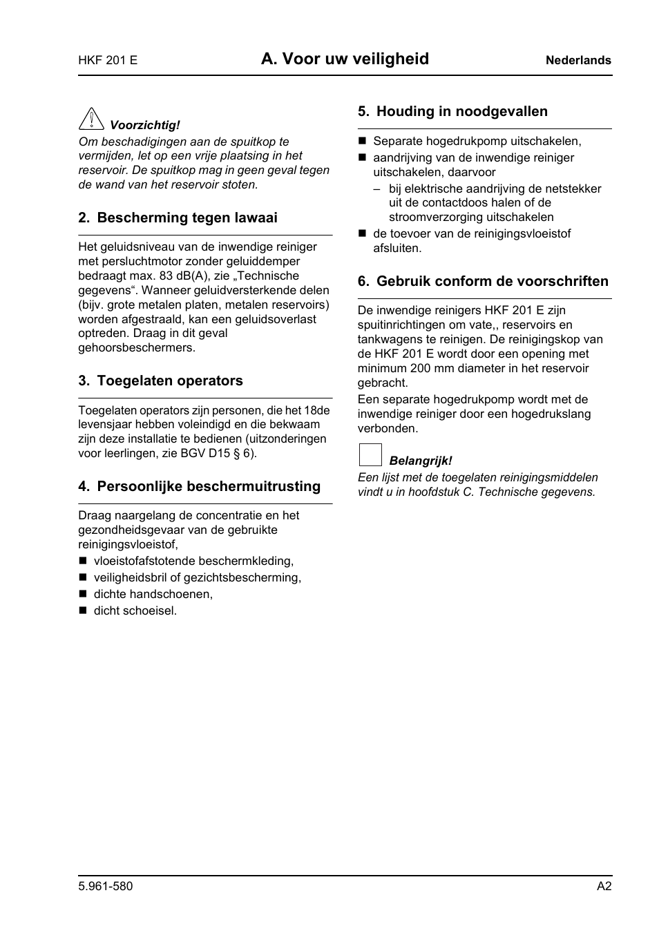 A. voor uw veiligheid | Karcher HKF 201 E User Manual | Page 85 / 160