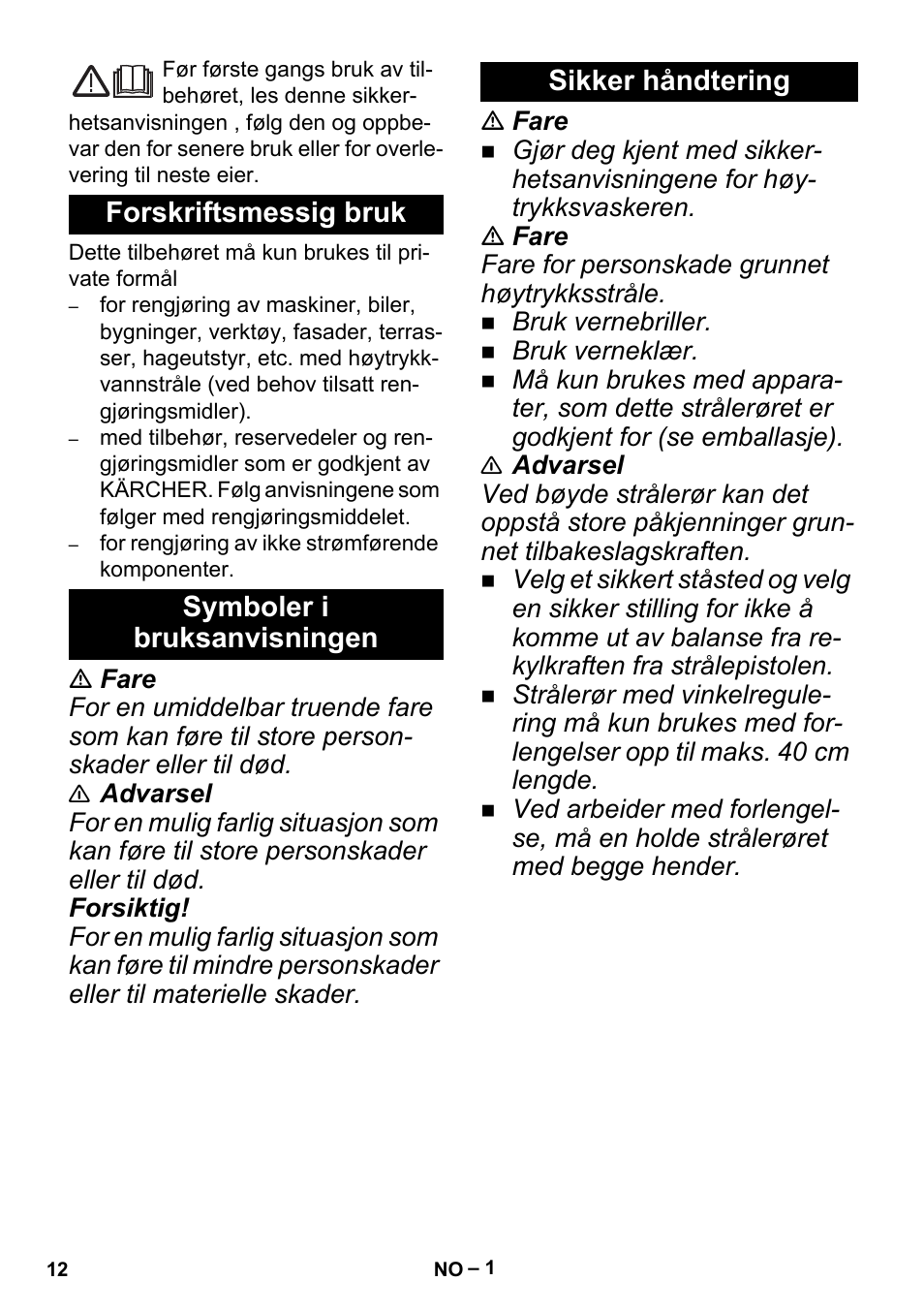 Norsk, Forskriftsmessig bruk, Symboler i bruksanvisningen | Sikker håndtering | Karcher K 5 Premium Offroad User Manual | Page 12 / 32