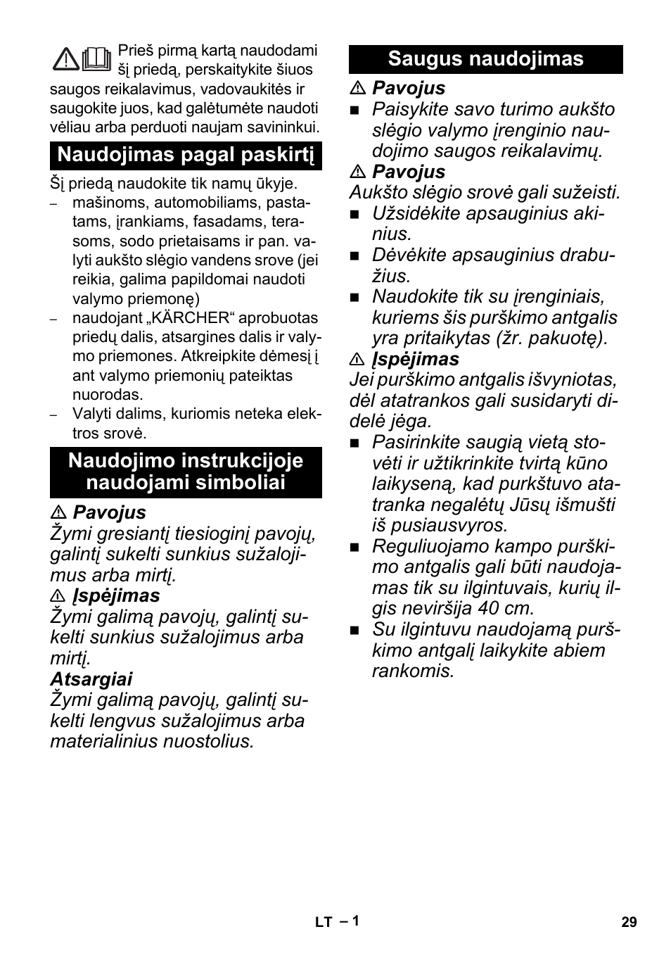 Lietuviškai, Naudojimas pagal paskirtį, Naudojimo instrukcijoje naudojami simboliai | Saugus naudojimas | Karcher K 5 Premium Offroad User Manual | Page 29 / 32