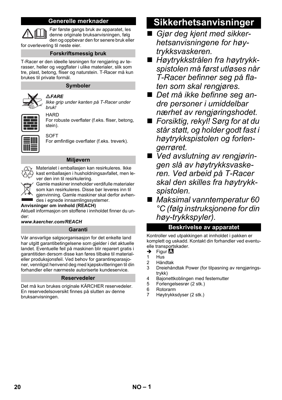 Norsk, Generelle merknader, Forskriftsmessig bruk | Symboler, Miljøvern, Garanti, Reservedeler, Sikkerhetsanvisninger, Beskrivelse av apparatet | Karcher K 4 Premium eco!ogic Home User Manual | Page 20 / 68