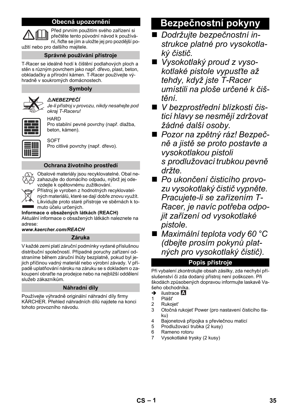 Čeština, Obecná upozornění, Správné používání přístroje | Symboly, Ochrana životního prostředí, Záruka, Náhradní díly, Bezpečnostní pokyny, Popis přístroje | Karcher K 4 Premium eco!ogic Home User Manual | Page 35 / 68