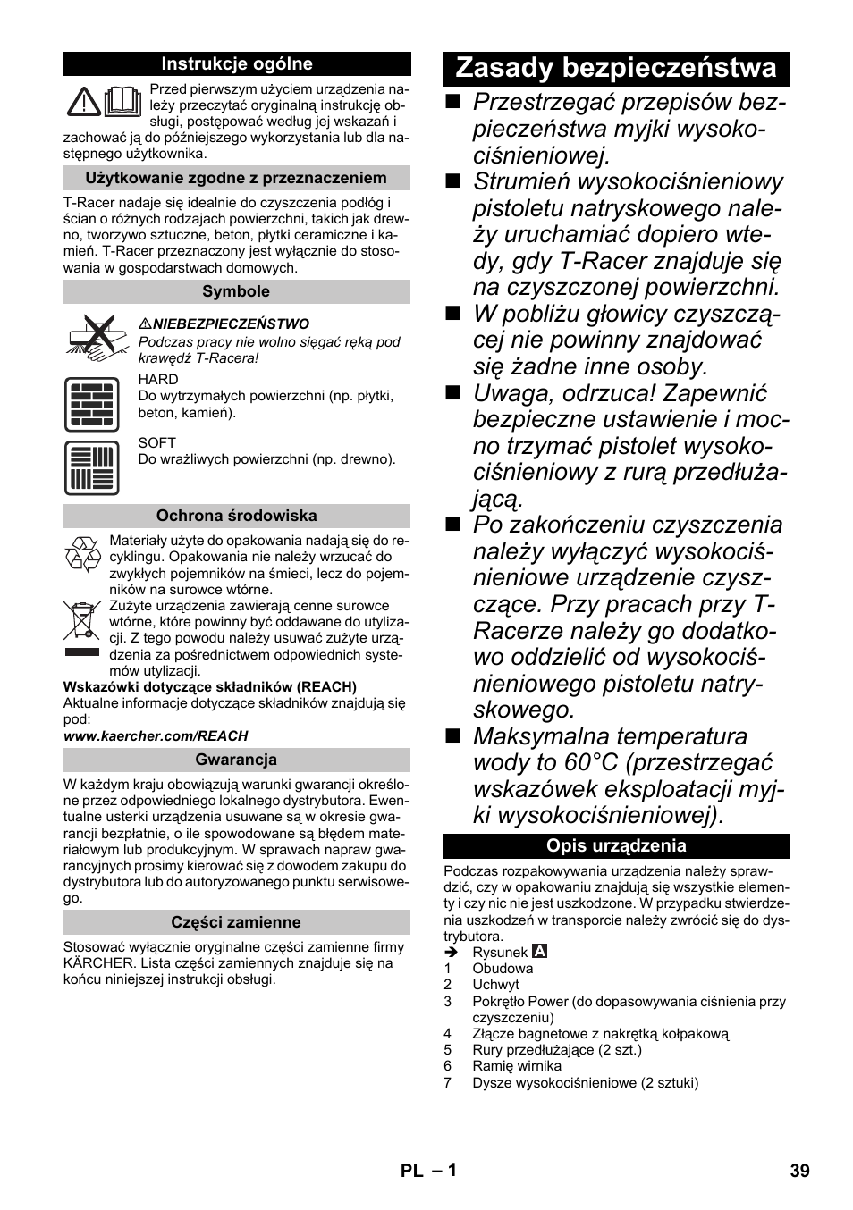 Polski, Instrukcje ogólne, Użytkowanie zgodne z przeznaczeniem | Symbole, Ochrona środowiska, Gwarancja, Części zamienne, Zasady bezpieczeństwa, Opis urządzenia | Karcher K 4 Premium eco!ogic Home User Manual | Page 39 / 68