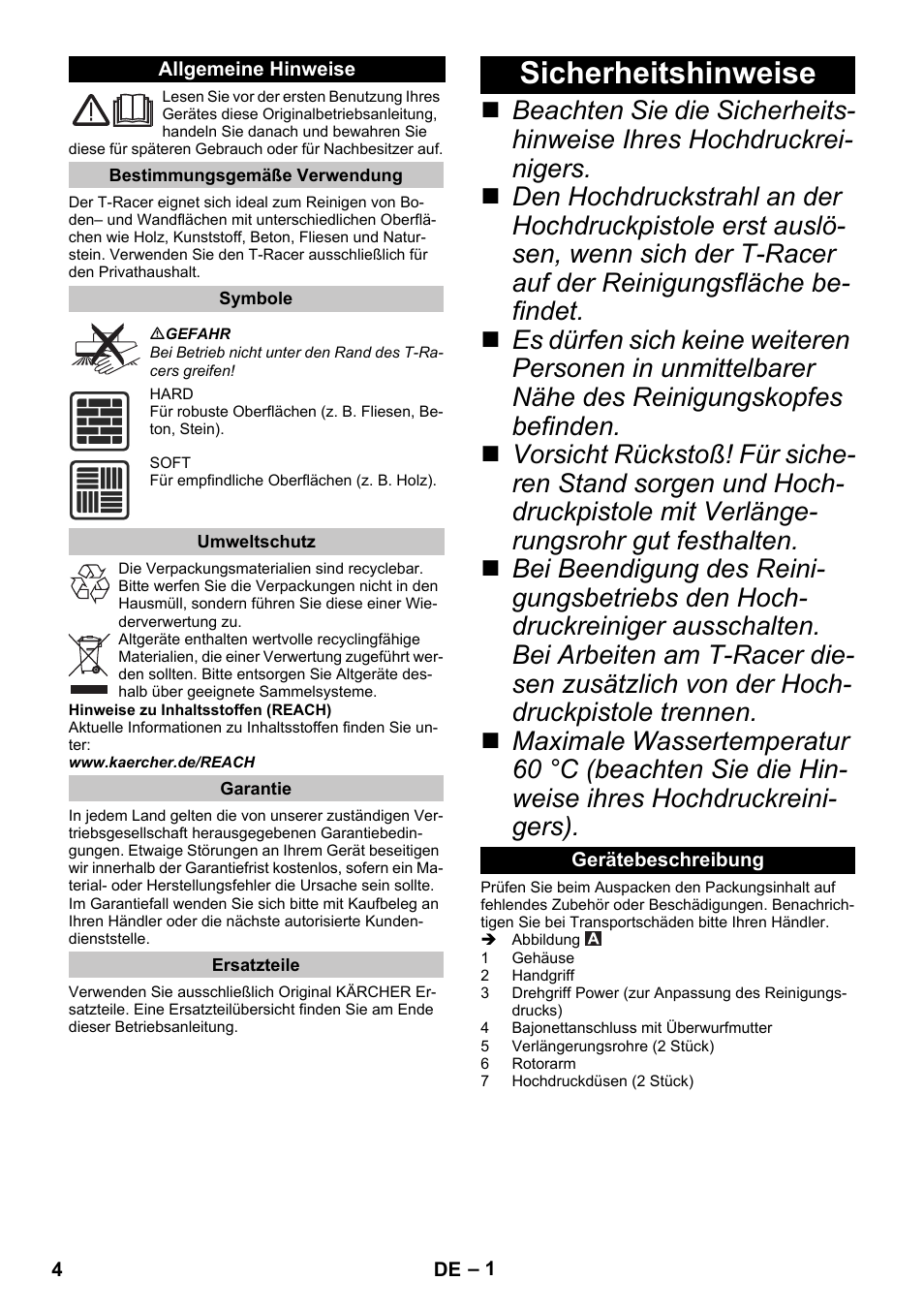 Deutsch, Allgemeine hinweise, Bestimmungsgemäße verwendung | Symbole, Umweltschutz, Garantie, Ersatzteile, Sicherheitshinweise, Gerätebeschreibung | Karcher K 4 Premium eco!ogic Home User Manual | Page 4 / 68
