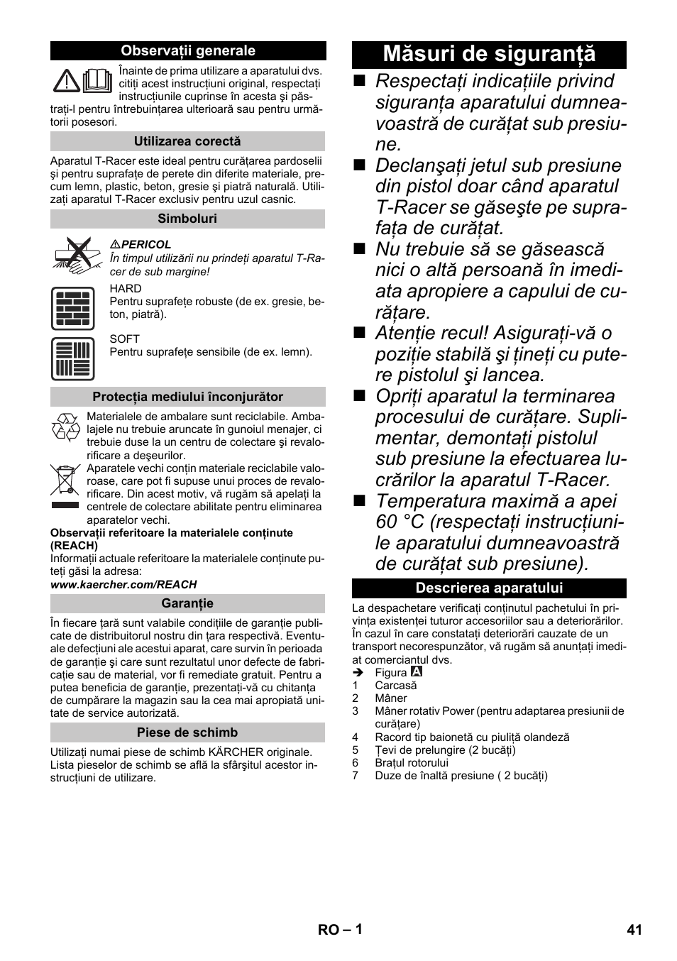 Româneşte, Observaţii generale, Utilizarea corectă | Simboluri, Protecţia mediului înconjurător, Garanţie, Piese de schimb, Măsuri de siguranţă, Descrierea aparatului | Karcher K 4 Premium eco!ogic Home User Manual | Page 41 / 68