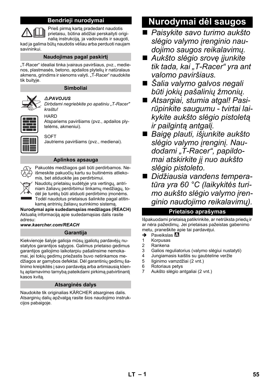 Lietuviškai, Bendrieji nurodymai, Naudojimas pagal paskirtį | Simboliai, Aplinkos apsauga, Garantija, Atsarginės dalys, Nurodymai dėl saugos, Prietaiso aprašymas | Karcher K 4 Premium eco!ogic Home User Manual | Page 55 / 68